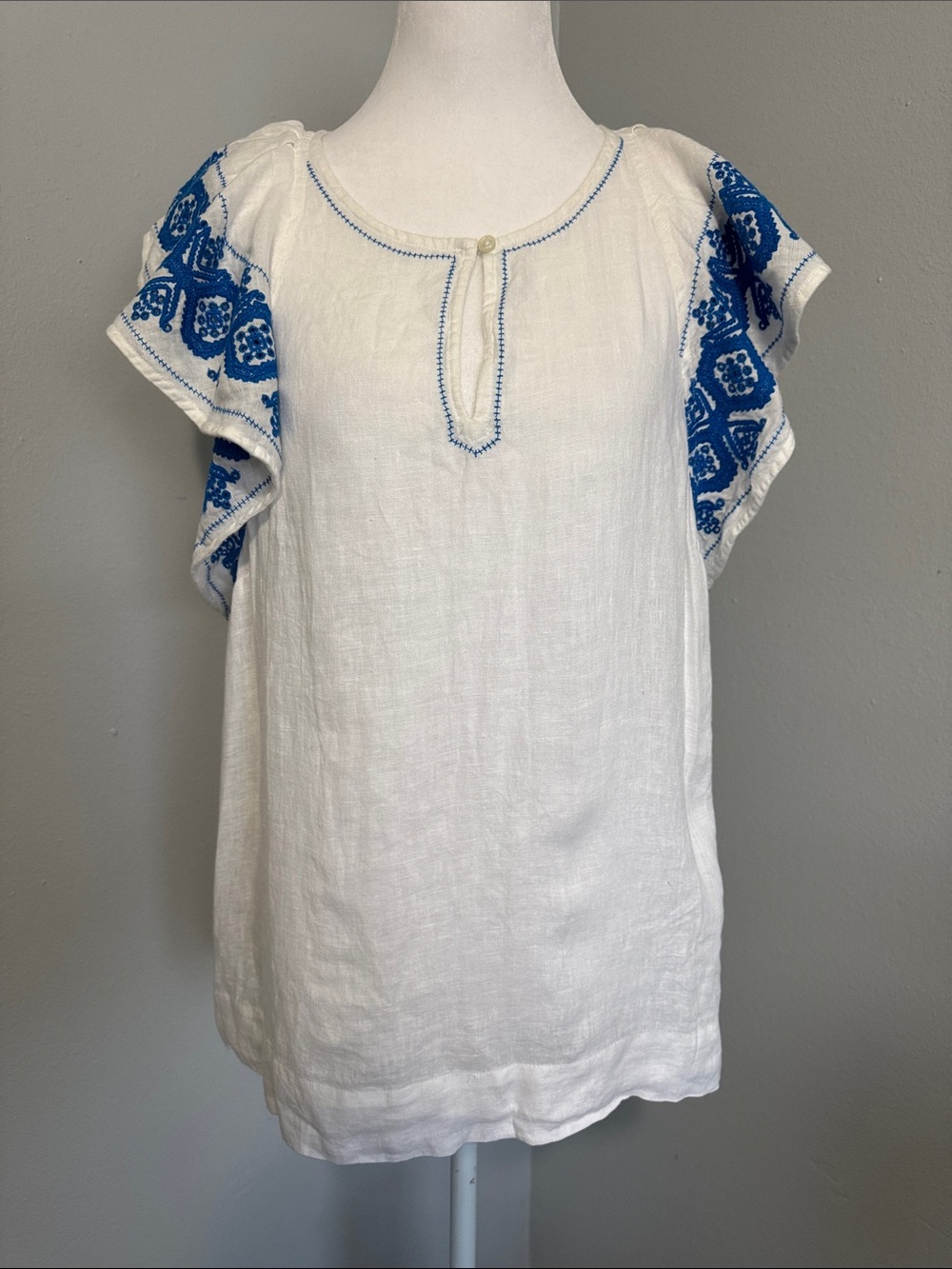 J. Crew White Linen Peasant Top with Blue Embroidered Sleeves